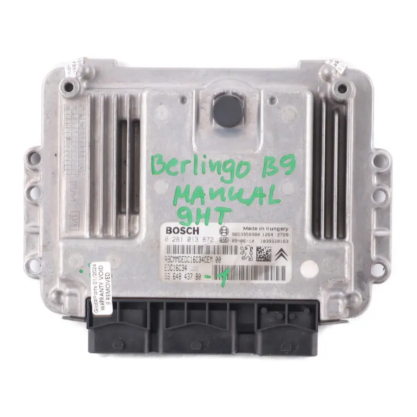 Citroen Berlingo B9 1.6 HDI 9HT Engine Control Unit ECU EDC Manual  - SKU 9664843780-1 - Part number 9664843780