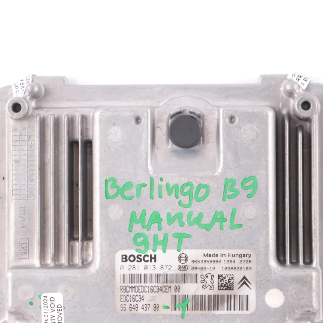 Citroen Berlingo B9 1.6 HDI 9HT Engine Control Unit ECU EDC Manual to with Part number 9664843780 Citroen Berlingo B9 1.6 HDI 9HT Engine Control Unit ECU EDC Manual - SKU 9664843780-1 - Part number 9664843780