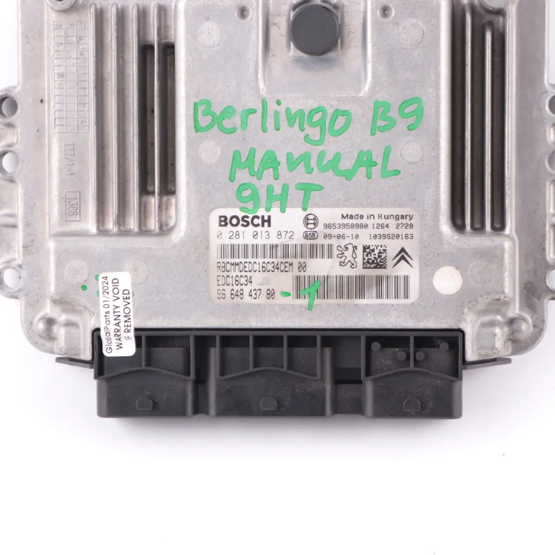 Citroen Berlingo B9 1.6 HDI 9HT Engine Control Unit ECU EDC Manual  - SKU 9664843780-1 - Part number 9664843780