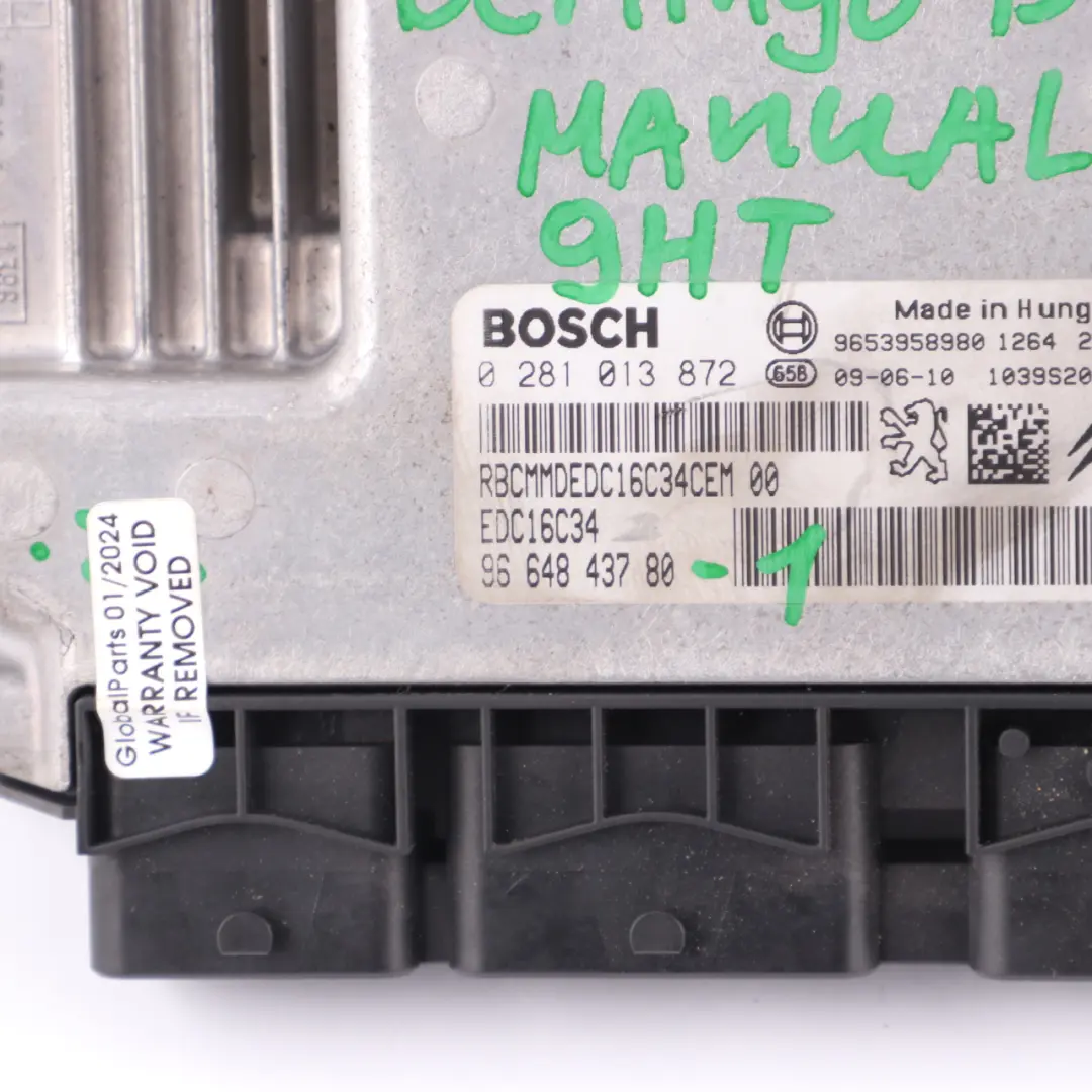 Citroen Berlingo B9 1.6 HDI 9HT Engine Control Unit ECU EDC Manual  - SKU 9664843780-1 - Part number 9664843780