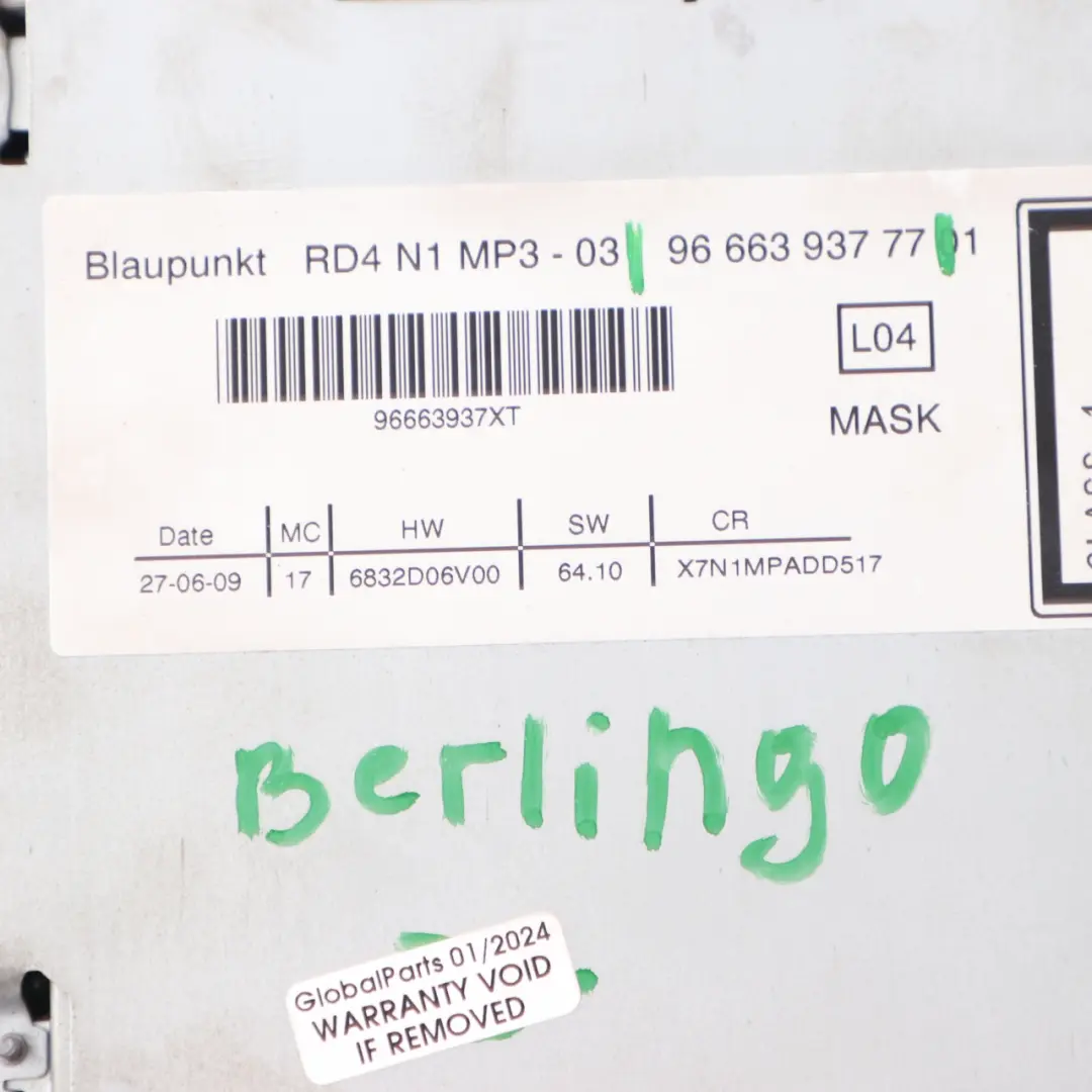 Citroen Berlingo Peugeot Partner Radio CD MP3 Player Head Unit to with Part number 9666393777 Citroen Berlingo Peugeot Partner Radio CD MP3 Player Head Unit - SKU 9666393777 - Part number 9666393777