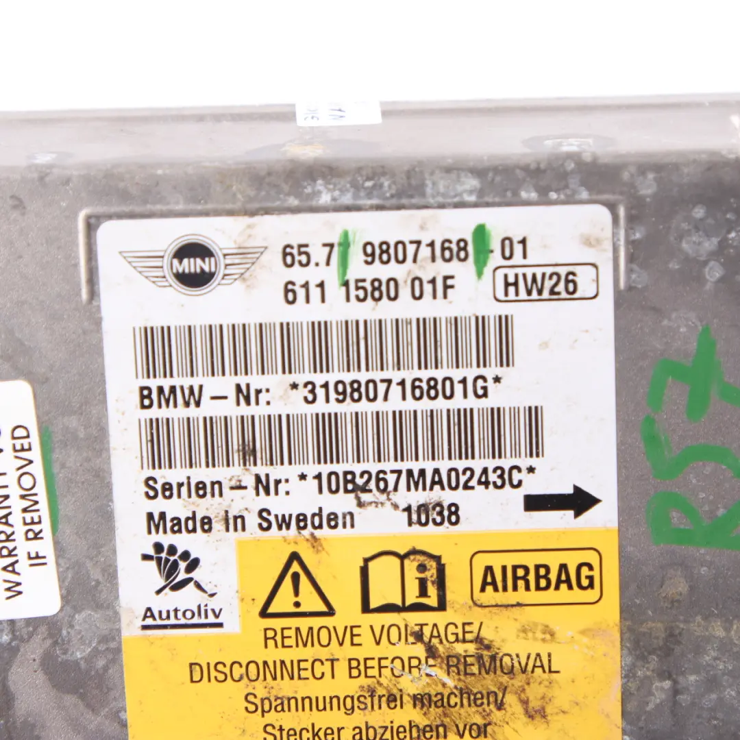 Moduł Airbag Poduszek Powietrznych ECU do Mini R57 Cabrio o numerze 9807168 Mini R57 Cabrio Moduł Airbag Poduszek Powietrznych ECU - SKU 9807168 - Numer Części 9807168