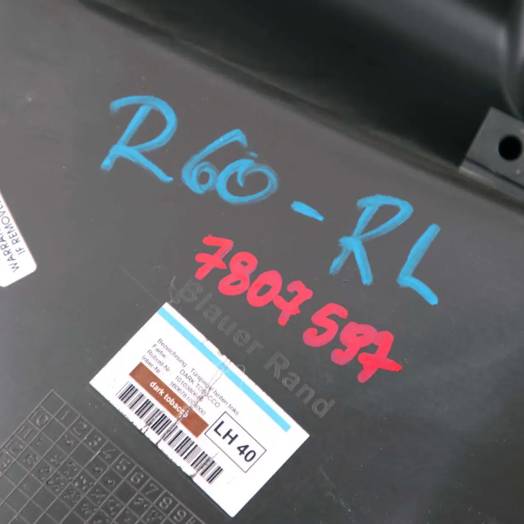 Left N/S Door Card Trim Panel Dark Tobacco Black to Mini Countryman R60 Rear with Part number 9807597 Mini Countryman R60 Rear Left N/S Door Card Trim Panel Dark Tobacco Black - SKU 9807597 - Part number 9807597