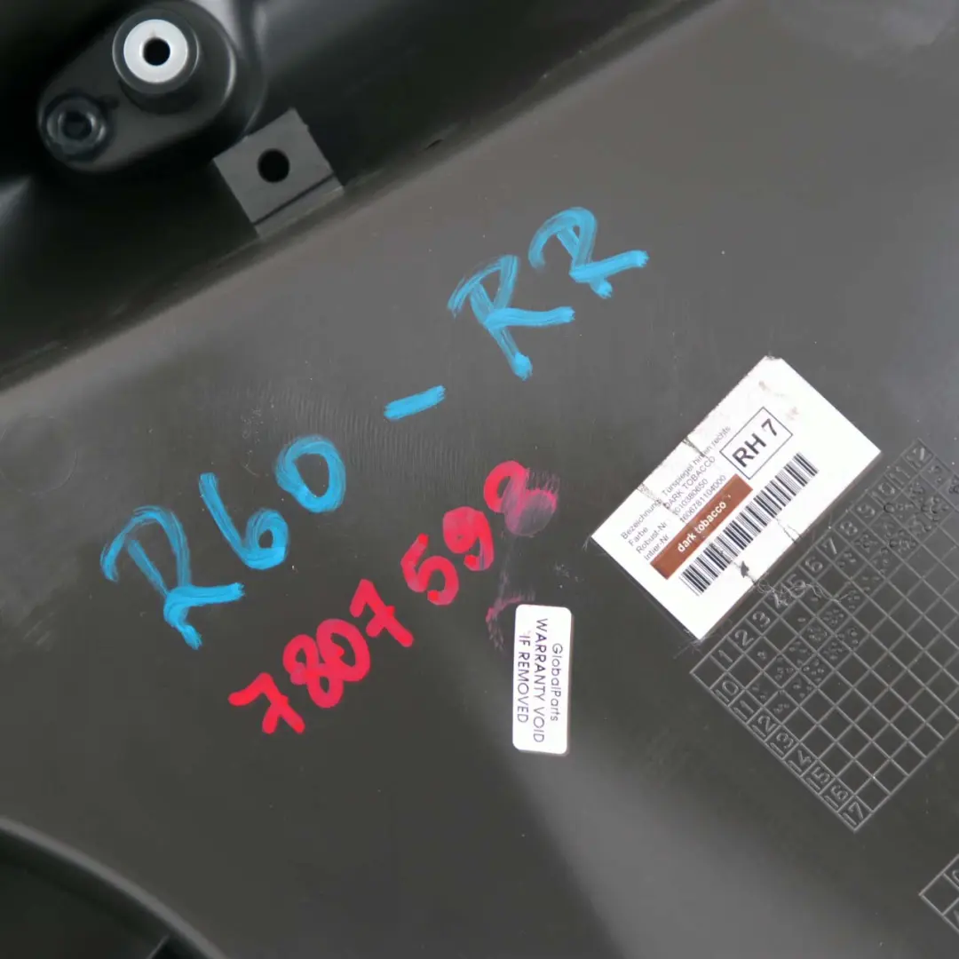 Right O/S Door Card Trim Panel Dark Tobacco Black to Mini Countryman R60 Rear with Part number 9807598 Mini Countryman R60 Rear Right O/S Door Card Trim Panel Dark Tobacco Black - SKU 9807598 - Part number 9807598
