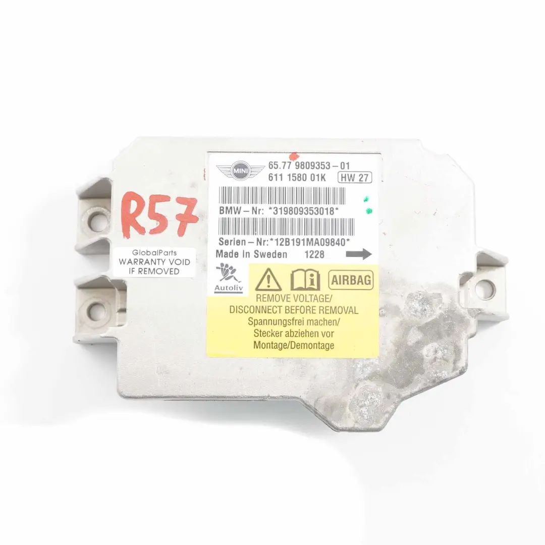 Airbag ECU Steuergerät Modul für Mini R57 LCI R59 Cabrio mit Teilenummer 9809353 Mini R57 LCI R59 Cabrio Airbag ECU Steuergerät Modul - SKU 9809353 - Teilenummer 9809353