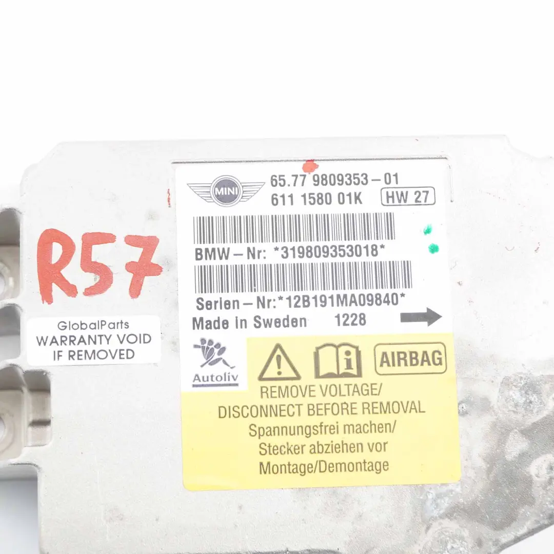Mini R57 LCI R59 Convertible Airbag ECU Control Unit Module - SKU 9809353 - Part number 9809353
