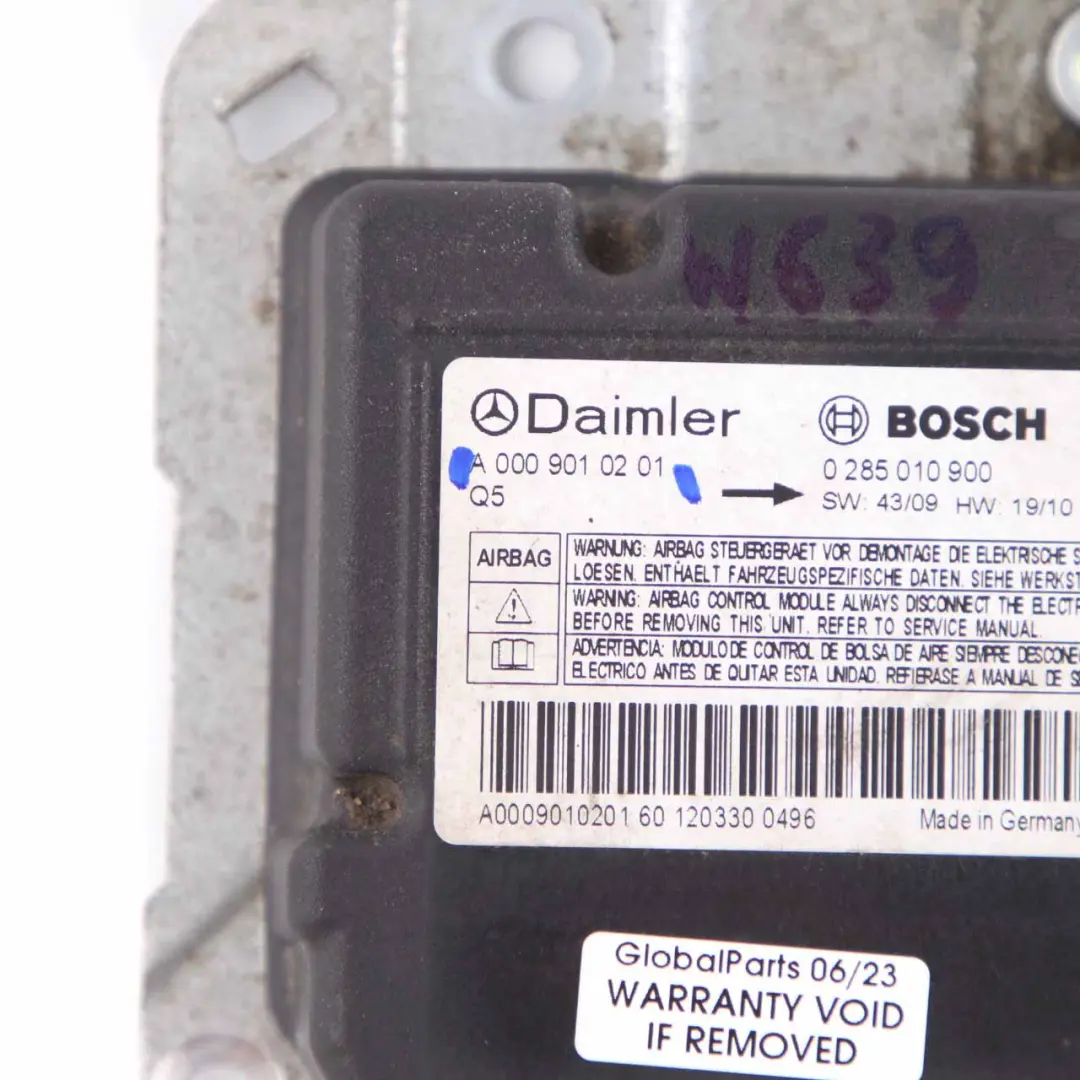 Mercedes Vito W639 Airbag SRS Módulo Unidad de Control ECU Air Bag - SKU A0009010201 - Número de pieza A0009010201