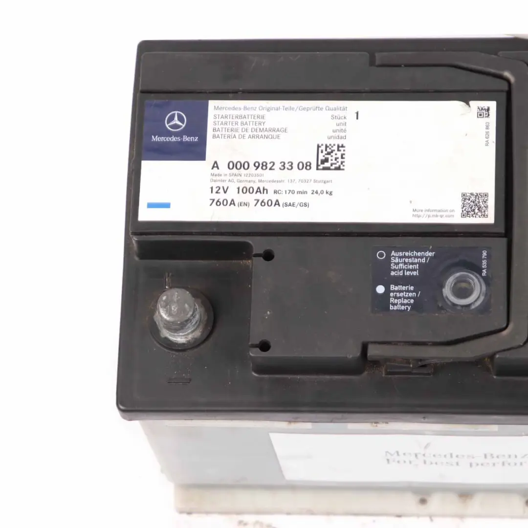 Accumulator Battery 100Ah 760A to Mercedes 12V with Part number A0009823308 Mercedes 12V Accumulator Battery 100Ah 760A - SKU A0009823308 - Part number A0009823308