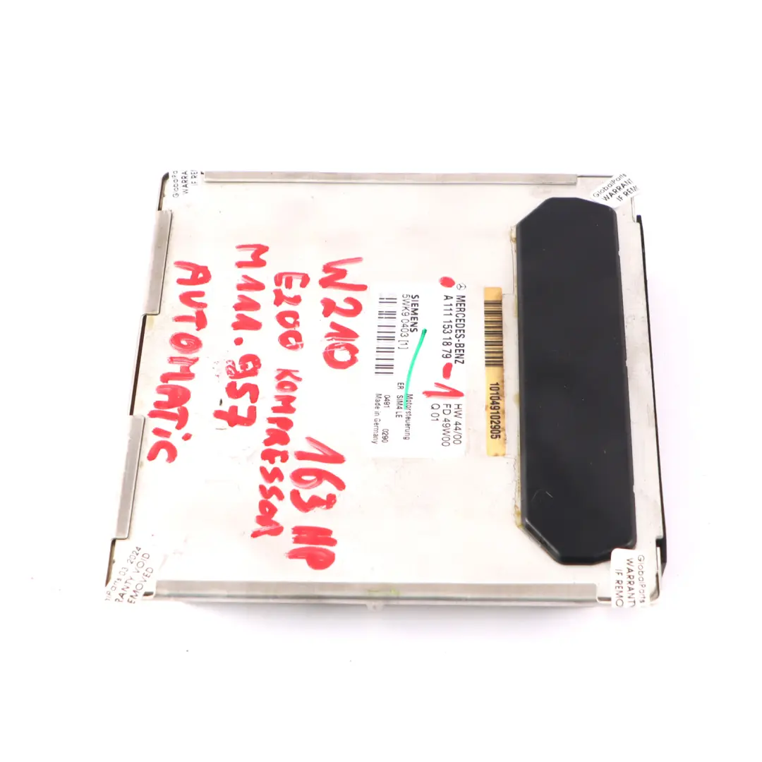 M111.957 163 PS Motorsteuergerät ECU Automatik für Mercedes W210 E200 Kompressor mit Teilenummer A1111532979 Mercedes W210 E200 Kompressor M111.957 163 PS Motorsteuergerät ECU Automatik - SKU A1111531879-1 - Teilenummer A1111532979