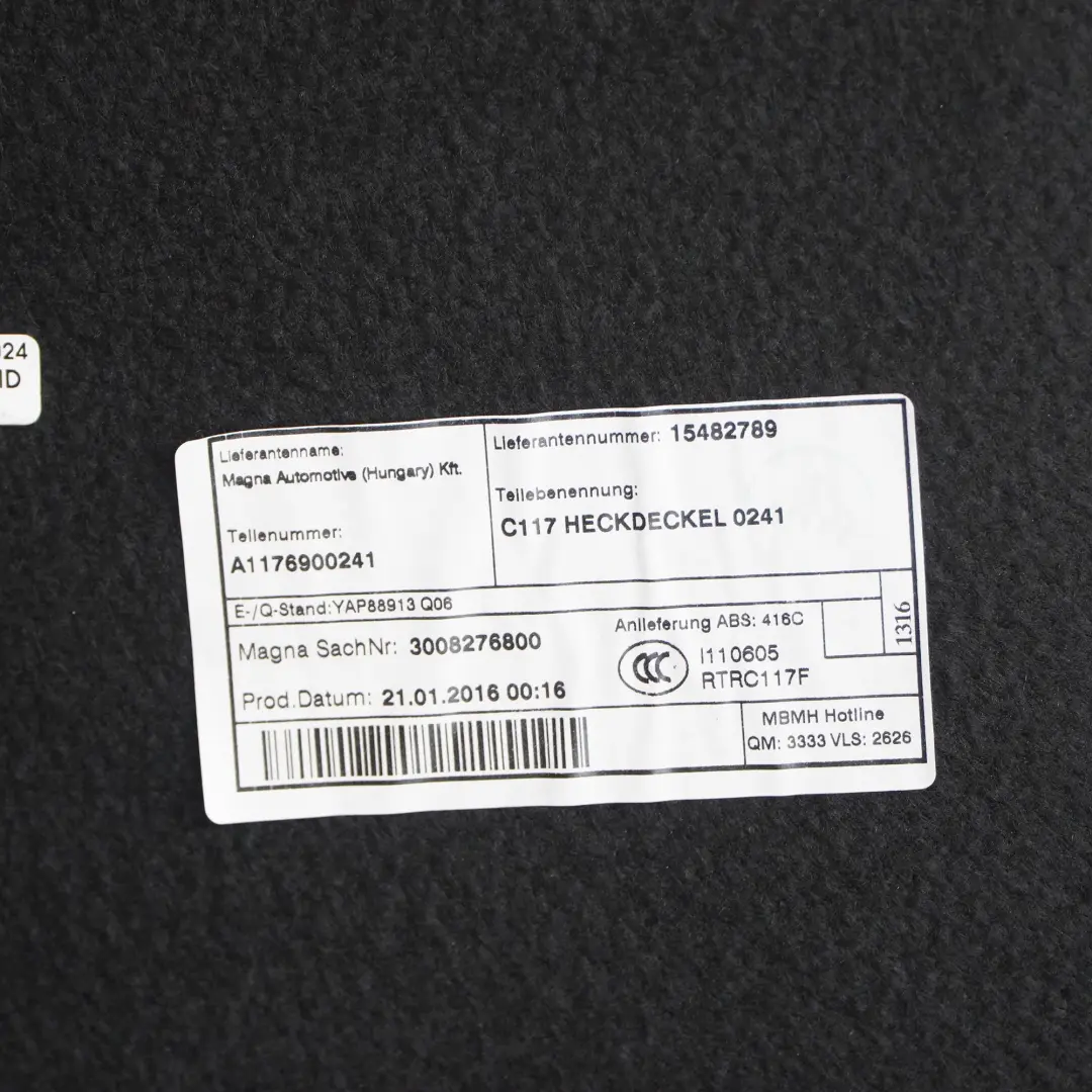 Embellecedor Interior Maletero Puerta trasera para Mercedes C117 con número de pieza A1176900241 Mercedes C117 Embellecedor Interior Maletero Puerta trasera - SKU A1176900241 - Número de pieza A1176900241