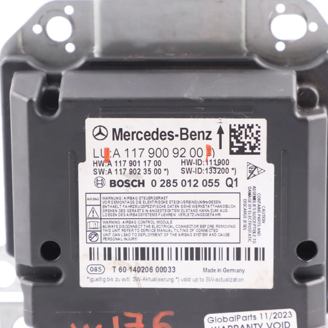 Airbag Belts System Control Unit Module ECU Bosch Mercedes W176 - SKU A1179009200 - Part number A1179009200