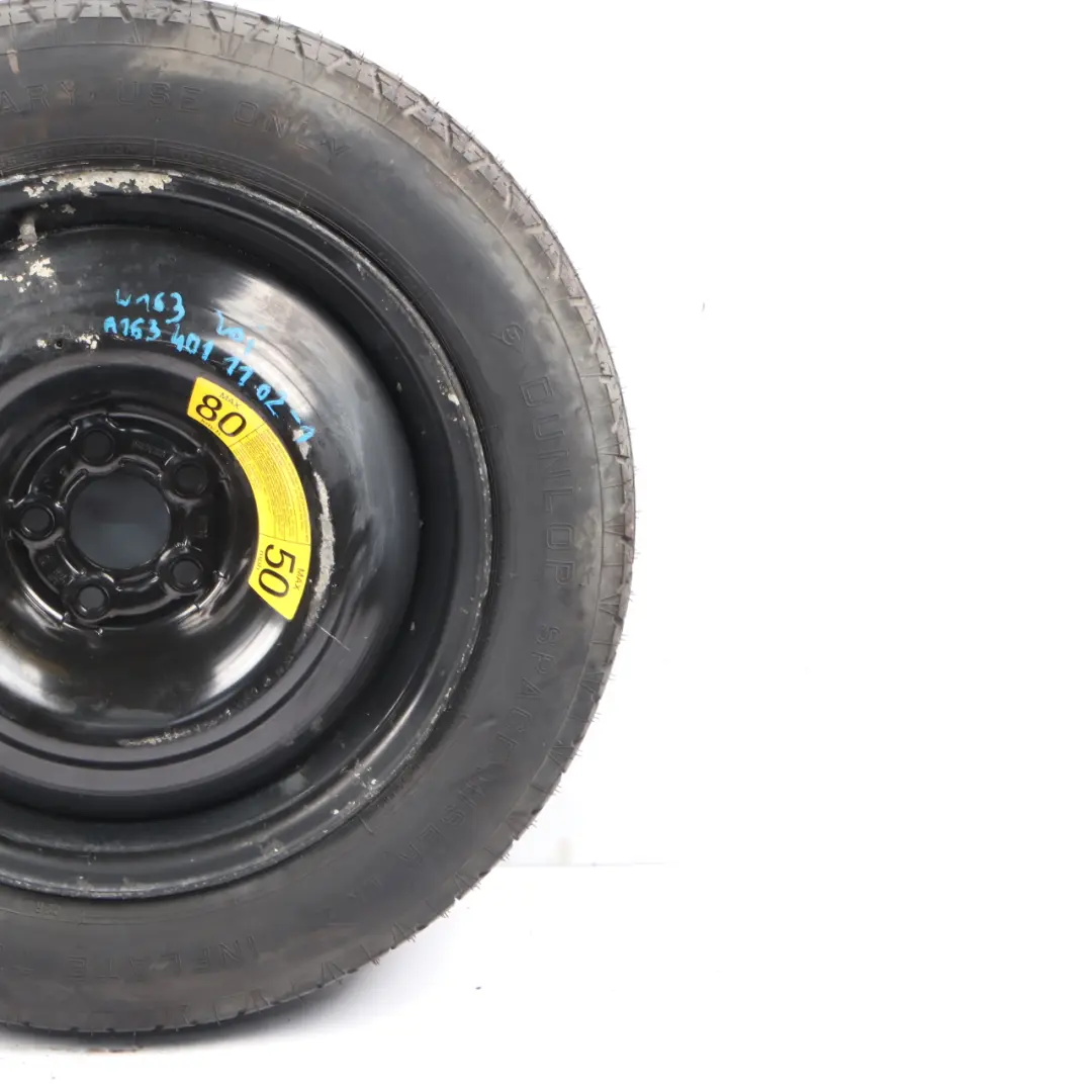 Spare Wheel Steel Tyre R18 Dunlop 155/90 to Mercedes W163 with Part number A1634011102 Mercedes W163 Spare Wheel Steel Tyre R18 Dunlop 155/90 - SKU A1634011102-1 - Part number A1634011102