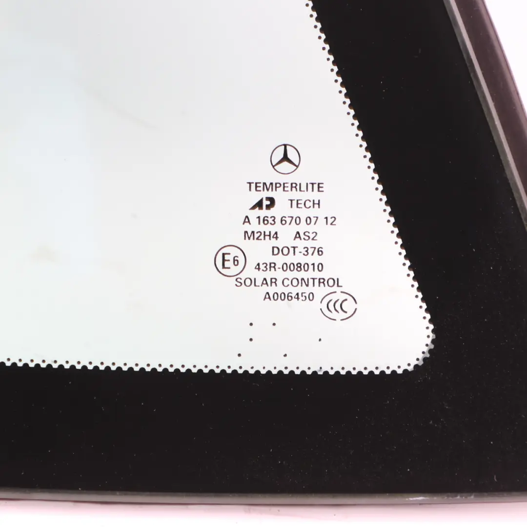 Quarter Glass Rear Left N/S Side Window Green AS2 A1636700712 to Mercedes ML W163 with Part number A1636700112 Mercedes ML W163 Quarter Glass Rear Left N/S Side Window Green AS2 A1636700712 - SKU A1636700112 - Part number A1636700112