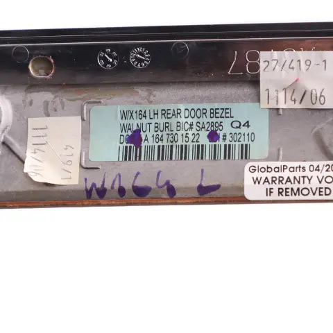 Mercedes ML W164 Baguette Porte Arrière Gauche Intérieur Décor Bois - SKU A1647301522 - Numéro de pièce A1647301522