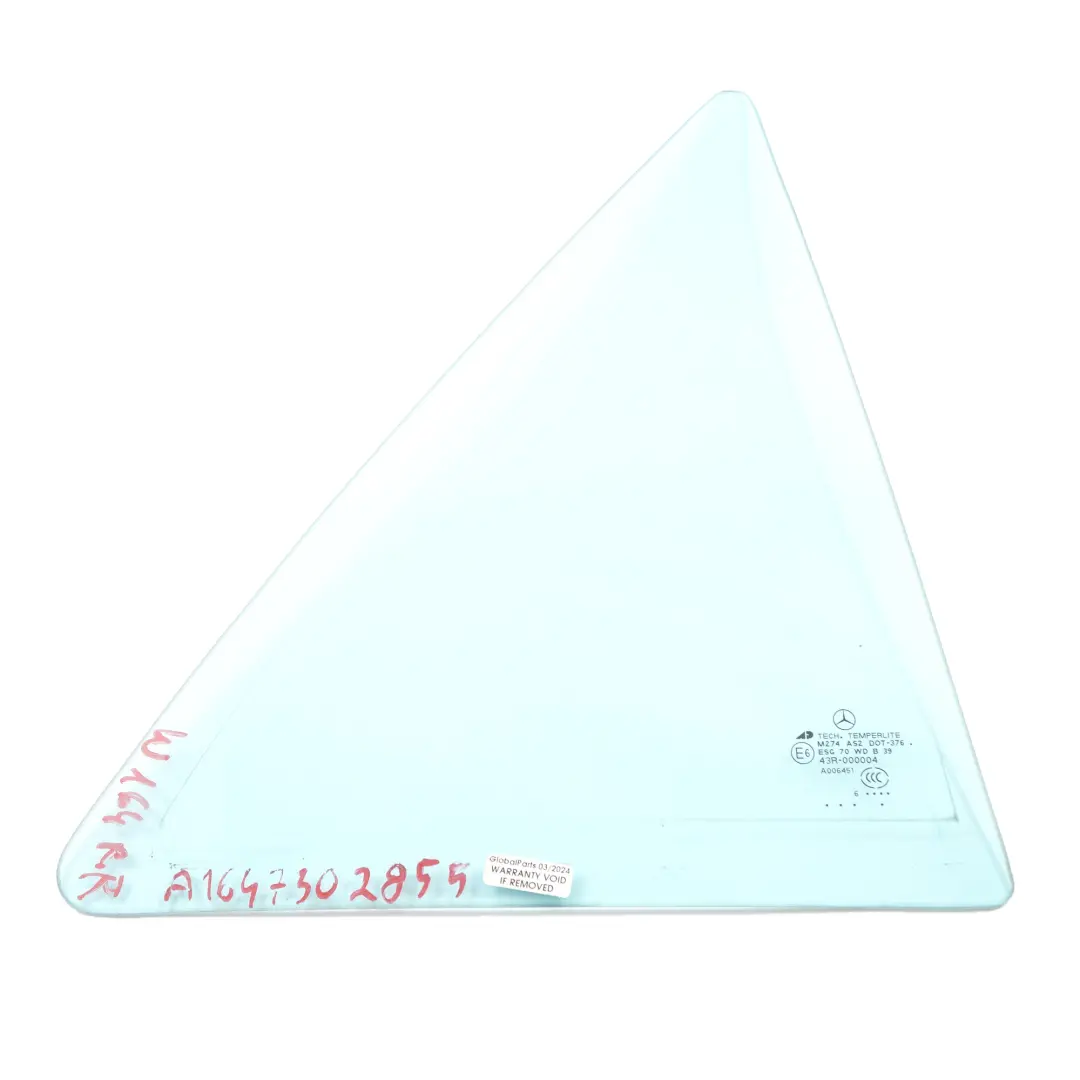 Ventana Cristal Puerta Trasera Cuarto Derecho Azul para Mercedes W164 con número de pieza A1647302855 Mercedes W164 Ventana Cristal Puerta Trasera Cuarto Derecho Azul - SKU A1647302855 - Número de pieza A1647302855