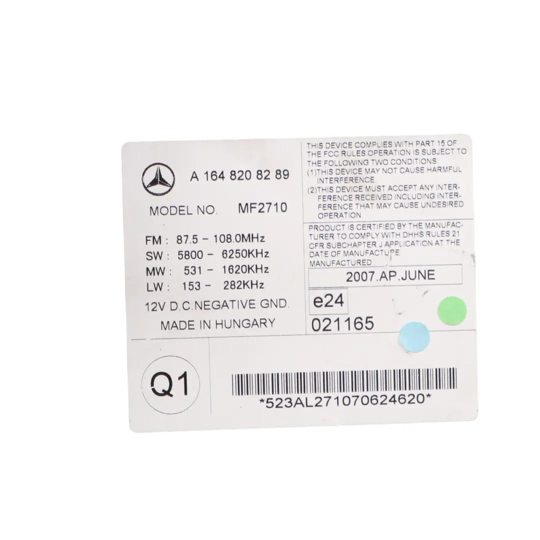 Radio CD do Mercedes ML W164 o numerze A1648208289 Mercedes ML W164 Radio CD - SKU A1648208289 - Numer Części A1648208289