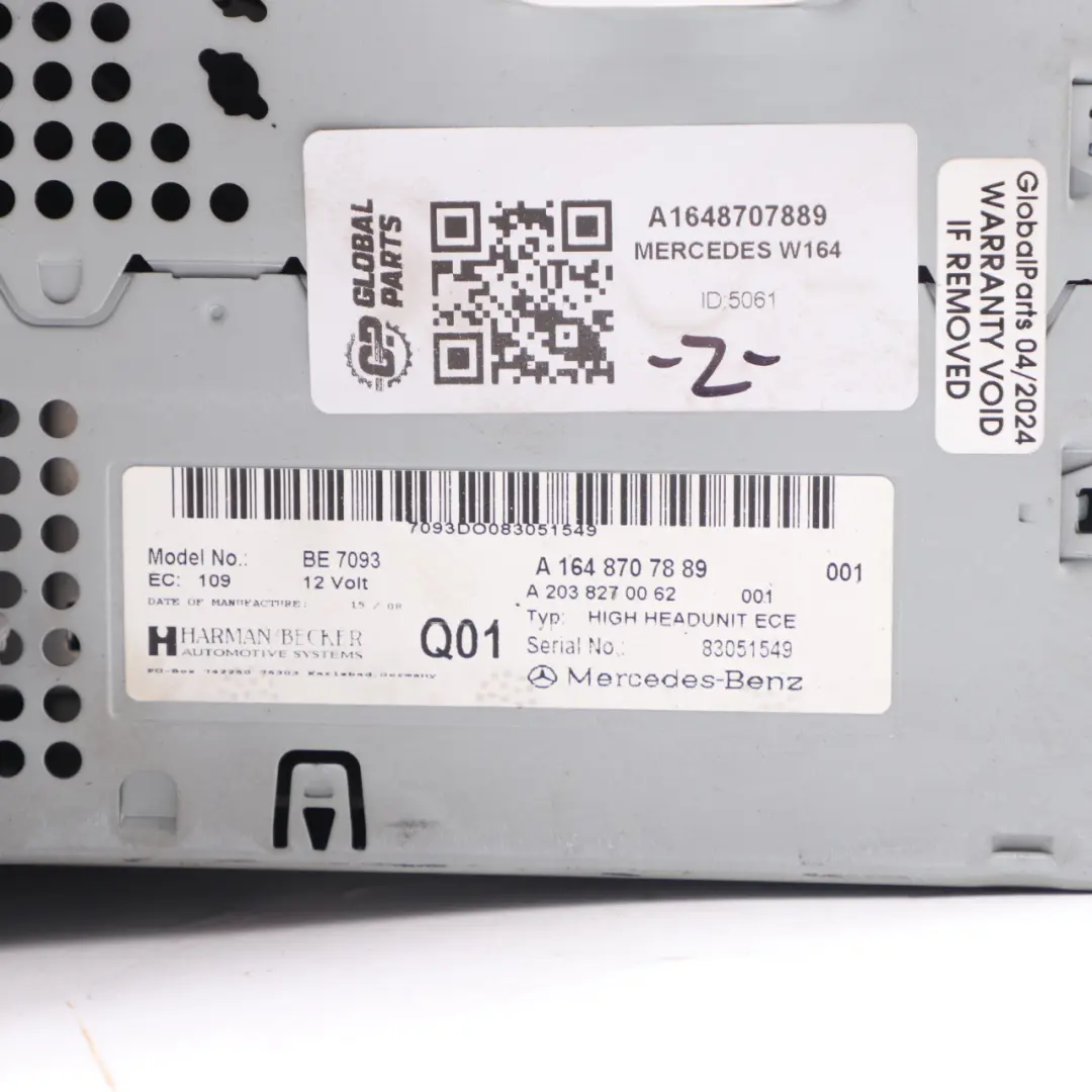 Radio Player Audio Stereo CD Player Head Unit to Mercedes GL W164 with Part number A1648707889 Mercedes GL W164 Radio Player Audio Stereo CD Player Head Unit - SKU A1648707889 - Part number A1648707889