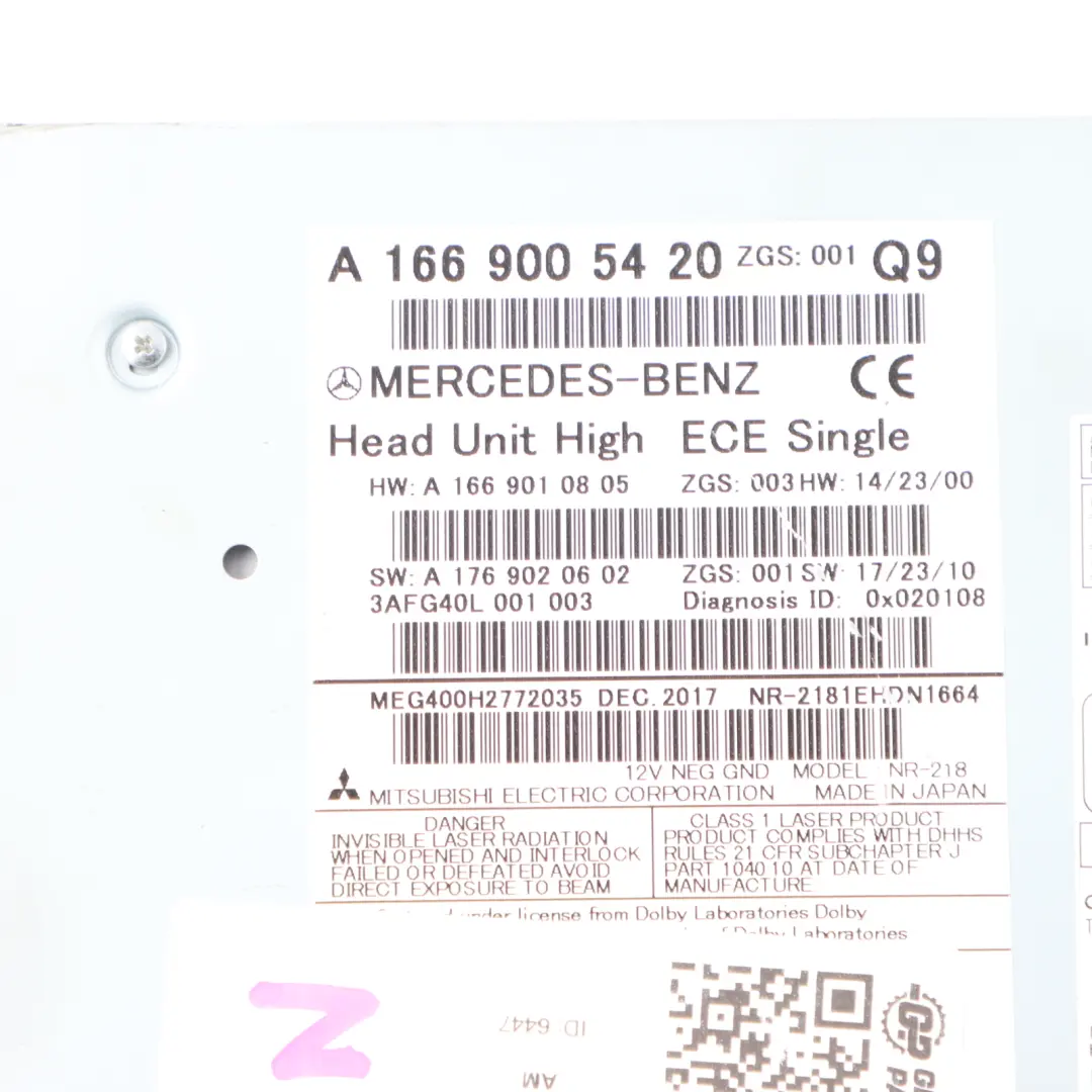 Radio Sat Nav CD Multimedia Control Central Head Unit Mercedes W166 - SKU A1669005420 - Part number A1669005420