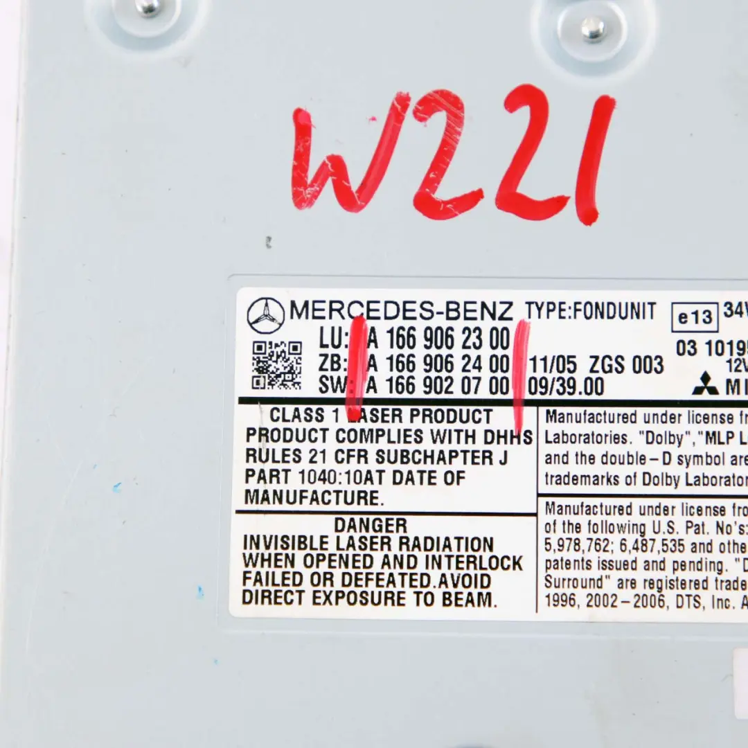 Mercedes W221 bracciolo posteriore lettore DVD controllo principale - SKU A1669062300 - Numero di parte A1669062300