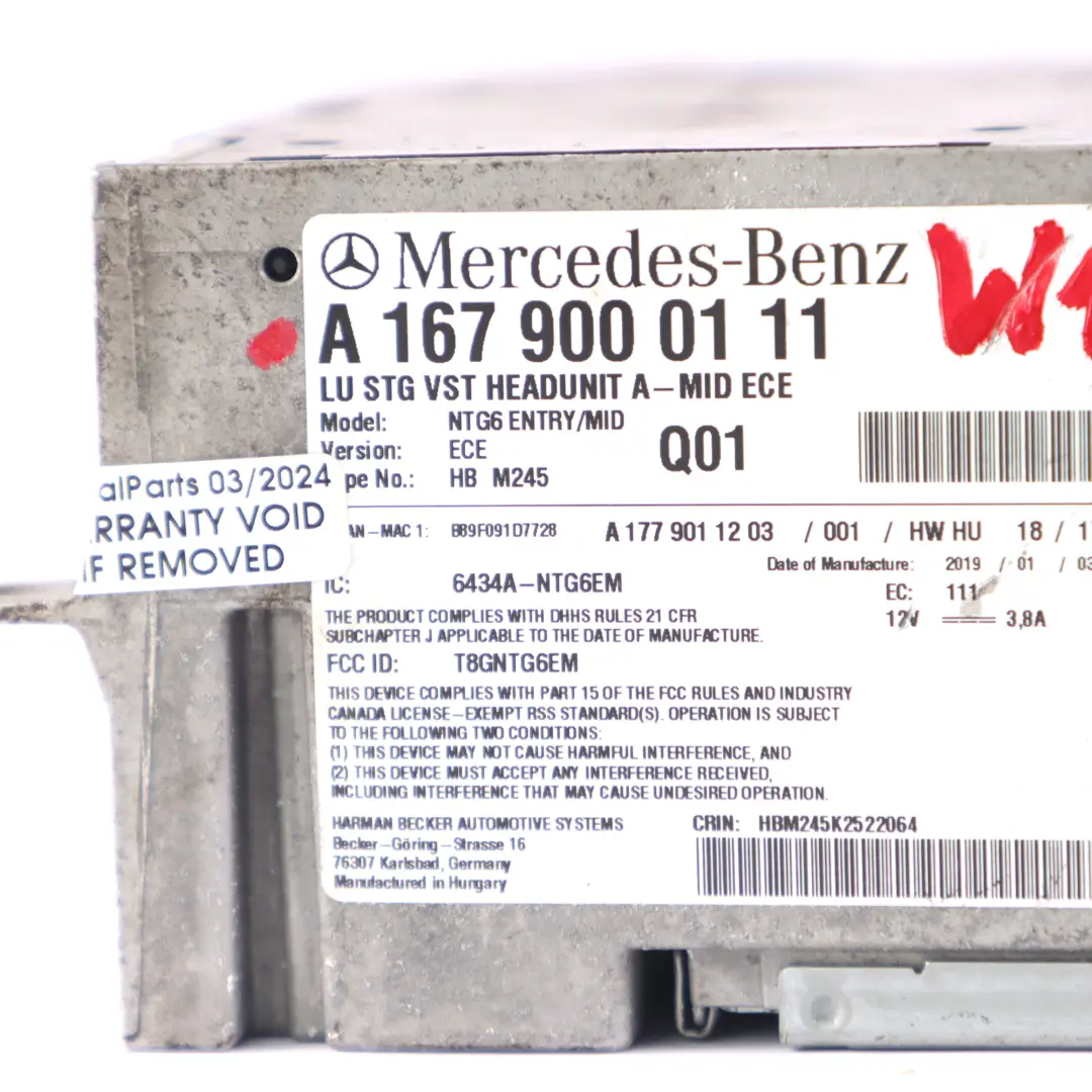 Mercedes W167 W177 Radio Stereo Player Sat Nav Head Unit ECE - SKU A1679000111 - Part number A1679000111