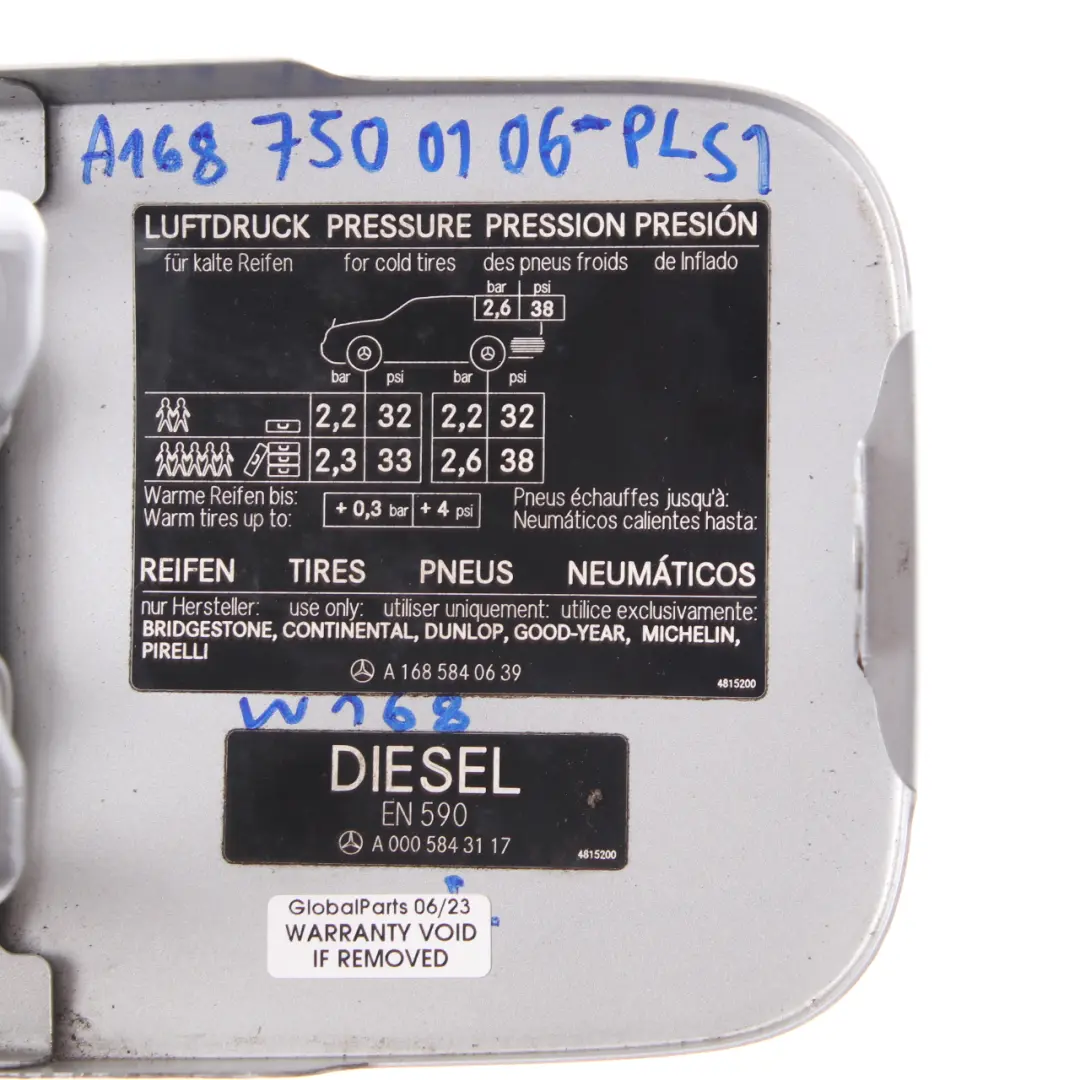 Mercedes W168 Fuel Filler Flap Tank Cap Cover Polar Silver Metallic - 761 - SKU A1687500106-PLS1 - Part number A1687500106