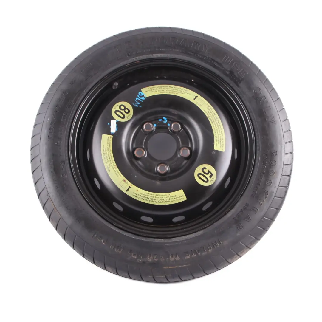 Ruota scorta compatta in acciaio R16 Pneumatico 125/90 per Mercedes W169 W245 con numero di parte A1694000802 Mercedes W169 W245 Ruota scorta compatta in acciaio R16 Pneumatico 125/90 - SKU A1694000802-3 - Numero di parte A1694000802