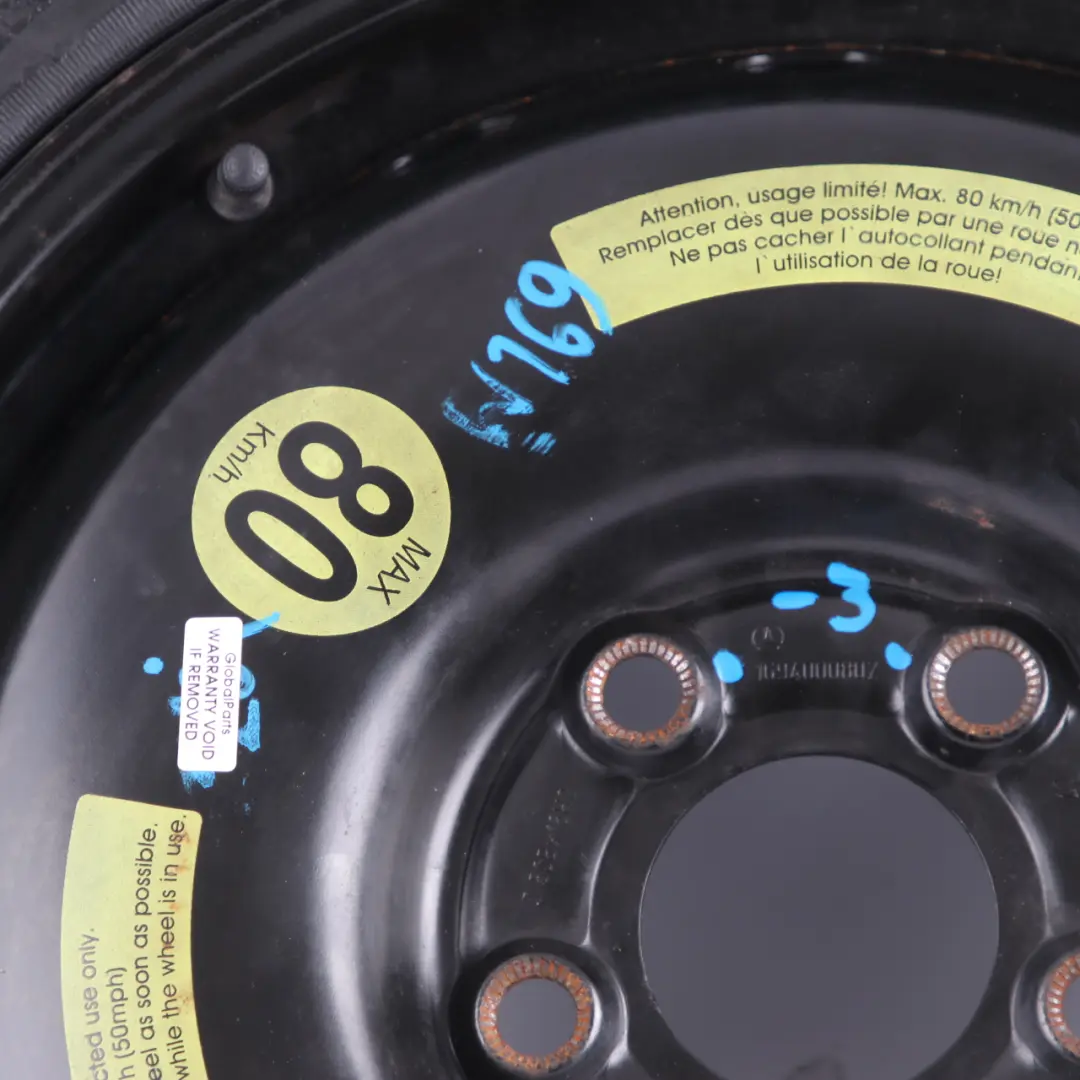 Spare Wheel Steel R16 Tyre 125/90 to Mercedes W169 W245 Compact with Part number A1694000802 Mercedes W169 W245 Compact Spare Wheel Steel R16 Tyre 125/90 - SKU A1694000802-3 - Part number A1694000802