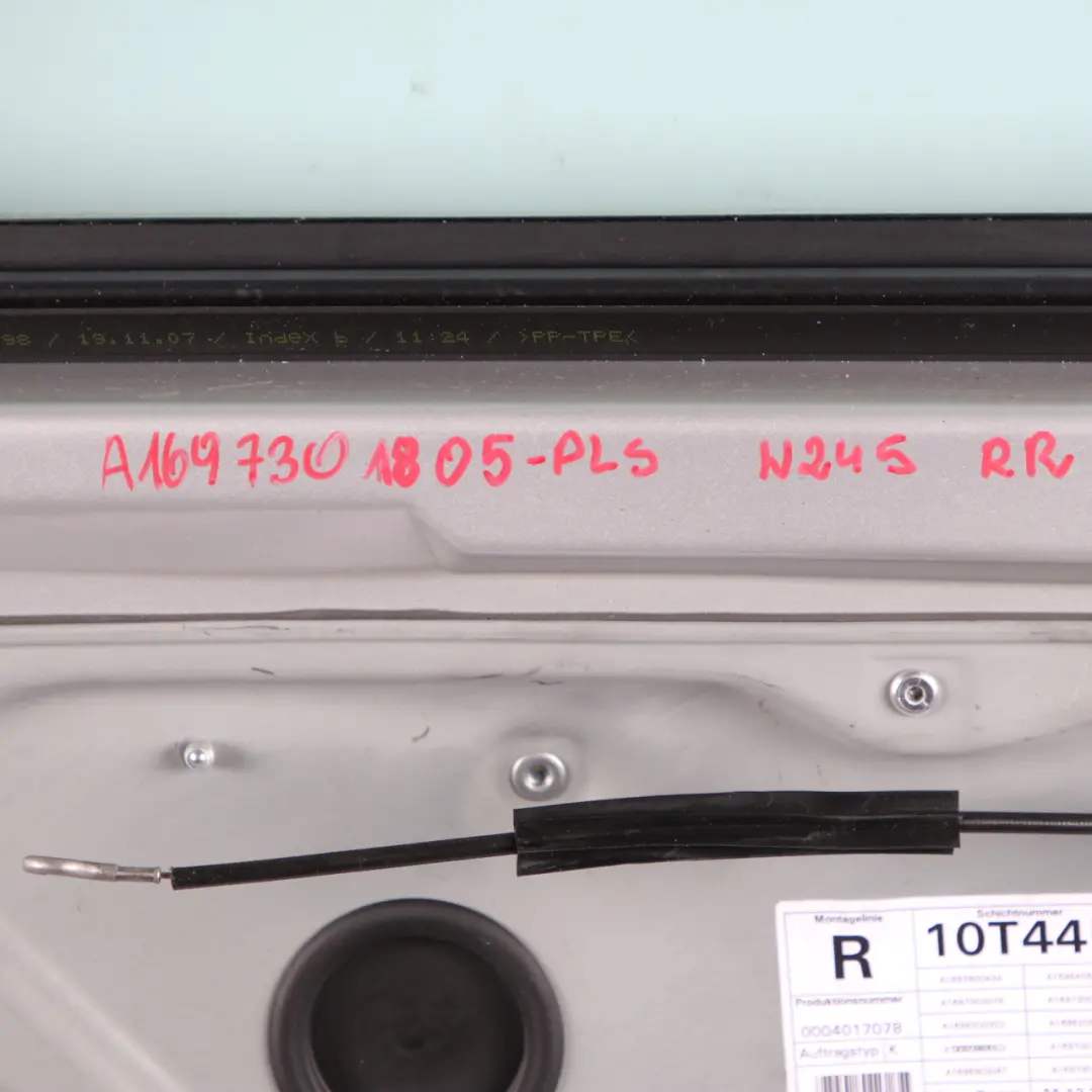 Door Rear Right O/S Covering Panel Polar Silver Metallic - 761 to Mercedes W245 with Part number A1697301805 Mercedes W245 Door Rear Right O/S Covering Panel Polar Silver Metallic - 761 - SKU A1697301805-PLS - Part number A1697301805