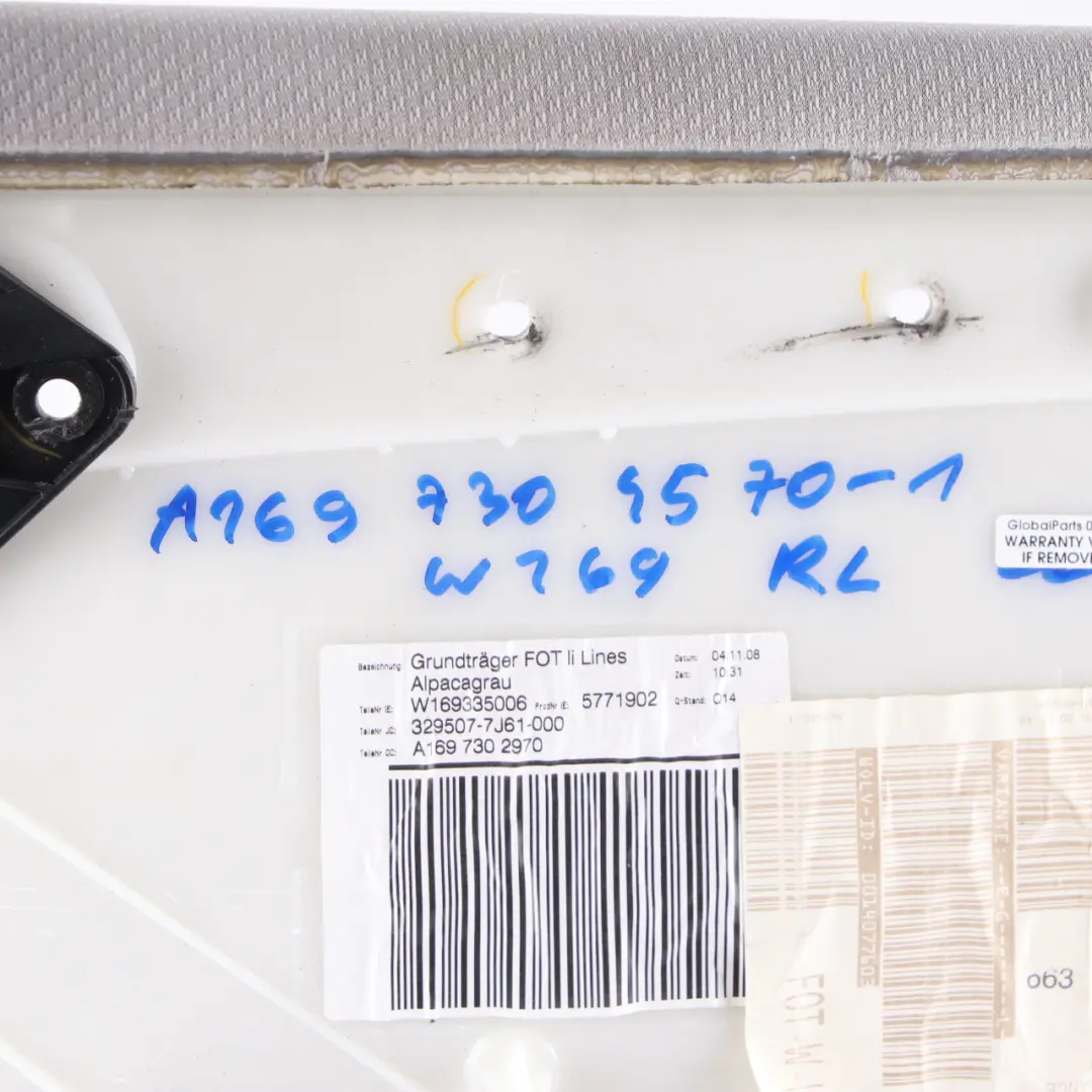 Door Card Rear Left N/S Trim Panel Cover Cloth Grey to Mercedes W169 with Part number A1697304570 Mercedes W169 Door Card Rear Left N/S Trim Panel Cover Cloth Grey - SKU A1697304570-2 - Part number A1697304570