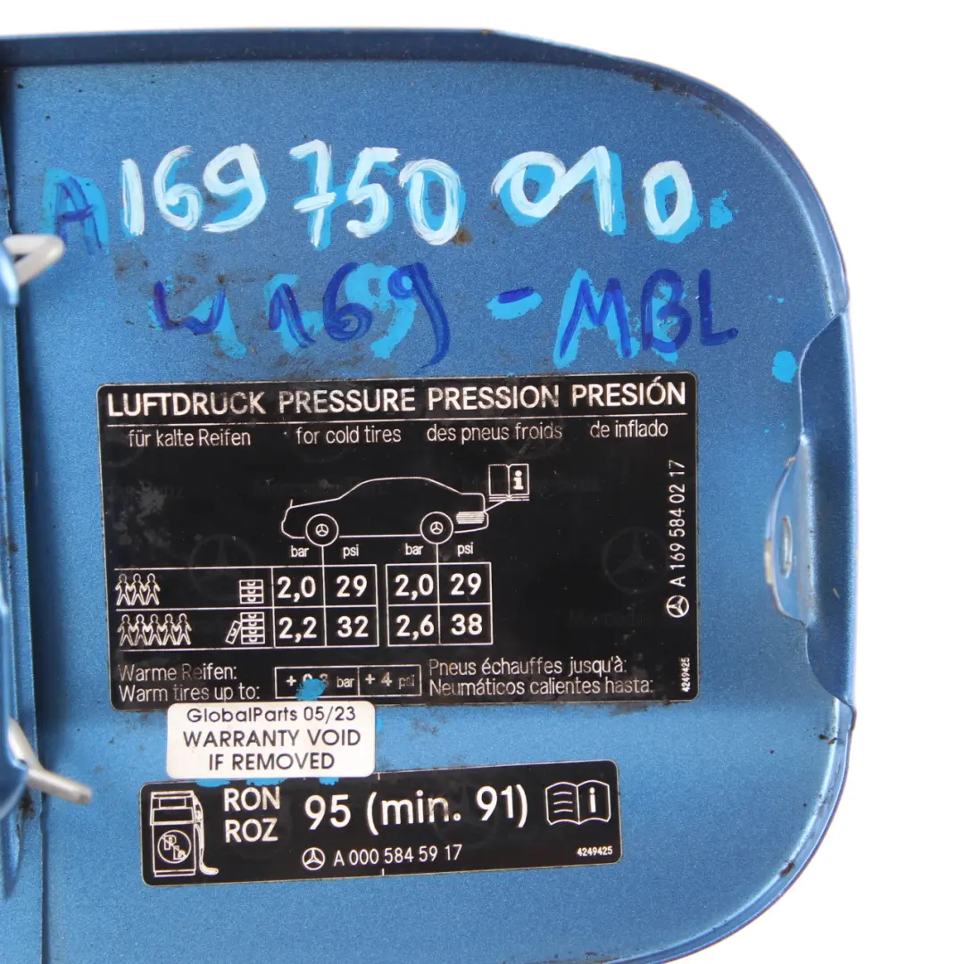 Filler Flap Tank Cap Cover Mistral Blue - 955 to Mercedes W169 Fuel with Part number A1697500106 Mercedes W169 Fuel Filler Flap Tank Cap Cover Mistral Blue - 955 - SKU A1697500106-MBL - Part number A1697500106