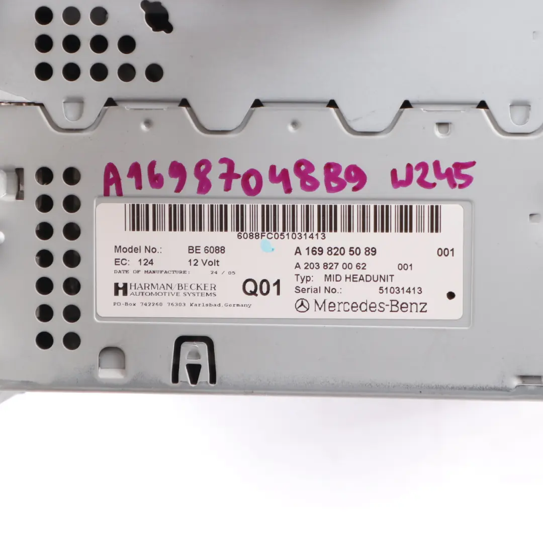 CD Player Mercedes W169 W245 Radio Nav Navigation Head Unit - SKU A1698205089 - Part number A1698205089
