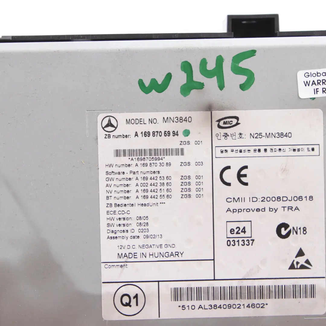 Radio Player Mercedes W169 W245 Audio 20 Stereo CD Head Unit Display to with Part number A1698705994 Radio Player Mercedes W169 W245 Audio 20 Stereo CD Head Unit Display - SKU A1698705994 - Part number A1698705994