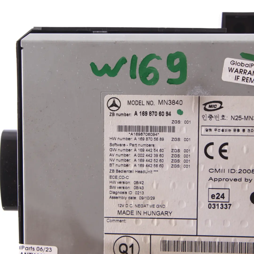 Mercedes W169 W245 Radio Audio 20 CD Unidad Principal Pantalla - SKU A1698706094 - Número de pieza A1698706094