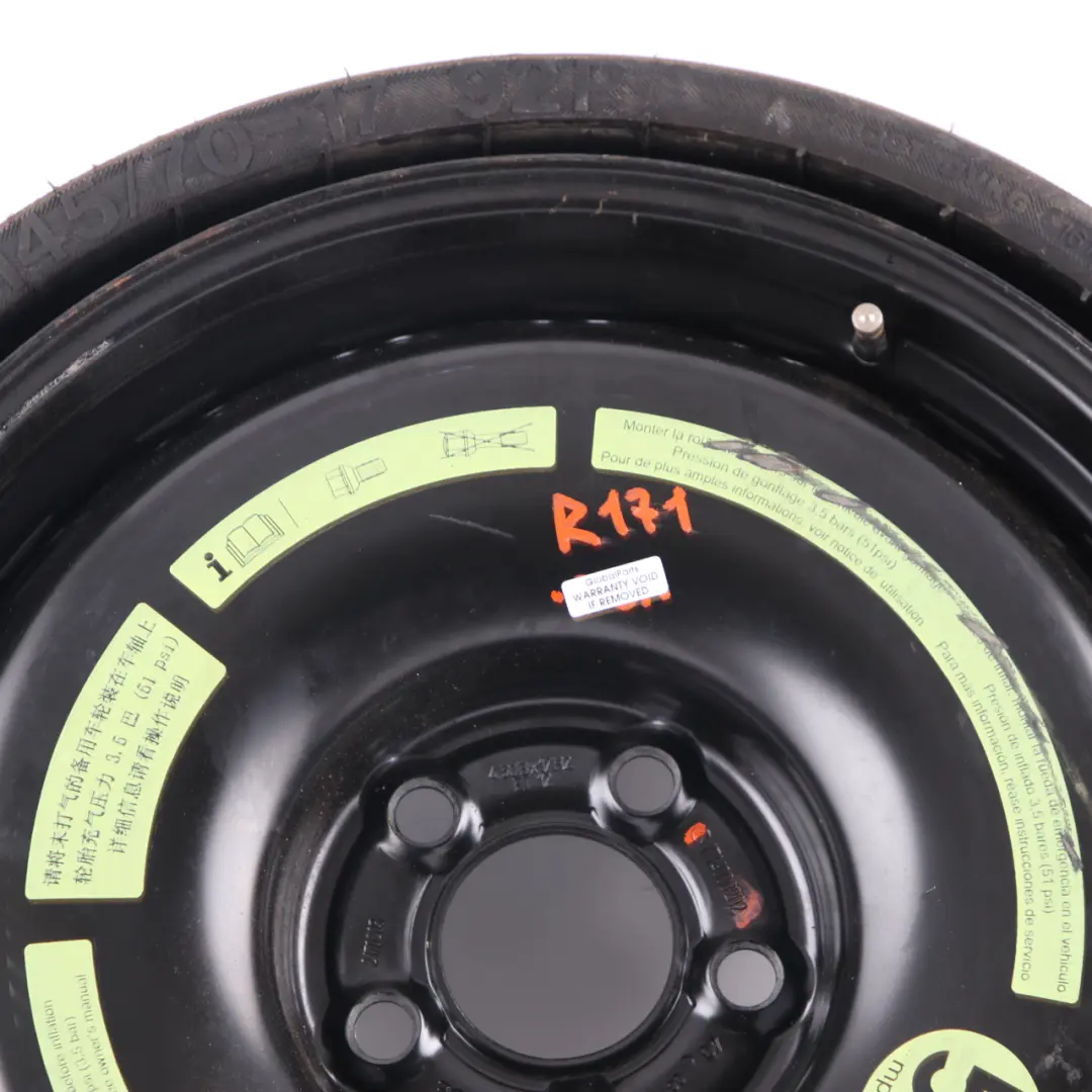 Ersatzrad Mercedes SLK R171 Kompaktstahl R17 Reifen 145/70 für mit Teilenummer A1714000202 Ersatzrad Mercedes SLK R171 Kompaktstahl R17 Reifen 145/70 - SKU A1714000202 - Teilenummer A1714000202