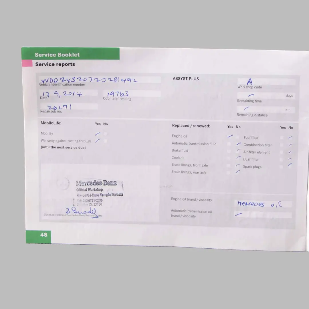 Mercedes W169 W245 Owner's Service Booklet - SKU A1715847293-1 - Part number A1715847293