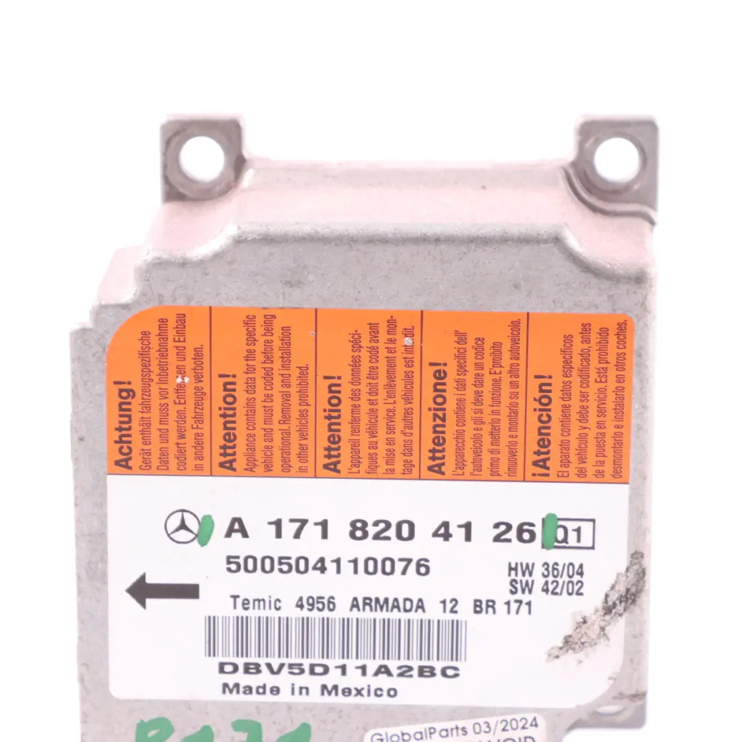 Módulo de Aire Delantero SRS Unidad de Control ECU para Mercedes SLK R171 con número de pieza A1718204126 Mercedes SLK R171 Módulo de Aire Delantero SRS Unidad de Control ECU - SKU A1718204126 - Número de pieza A1718204126