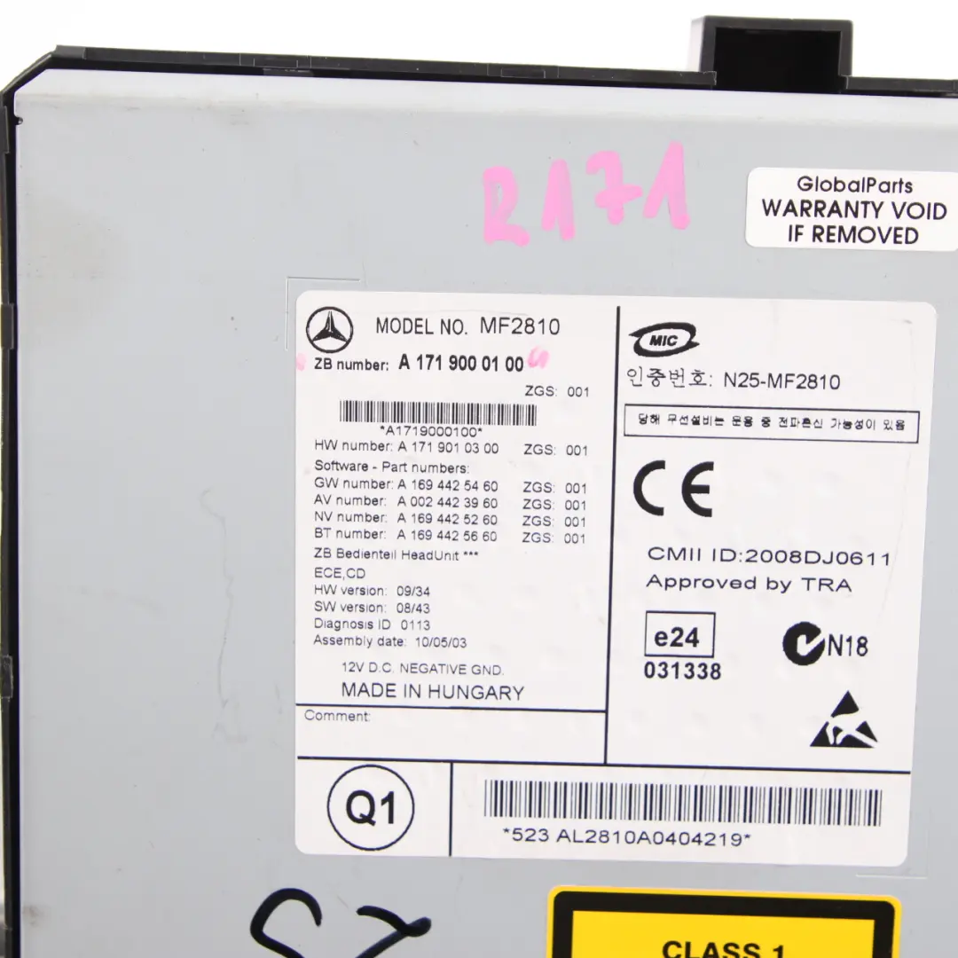  Radio Head Unit Mercedes SLK R171 CD Player Control Unit Module - SKU A1719000100 - Part number A1719000100