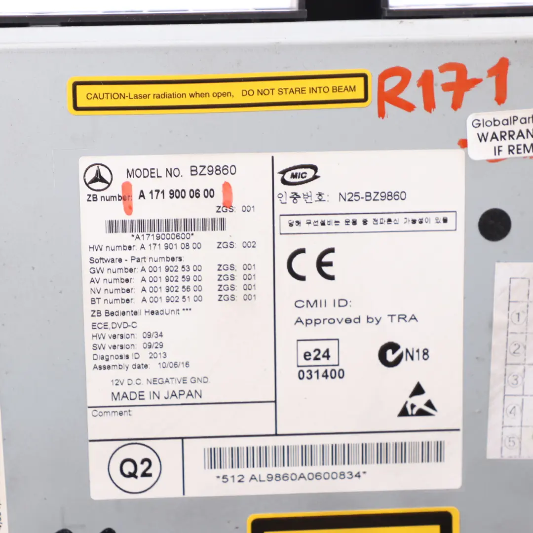 Radio Head Unit Mercedes SLK R171 CD Player Control Unit Module to with Part number A1719000100 Radio Head Unit Mercedes SLK R171 CD Player Control Unit Module - SKU A1719000600 - Part number A1719000100