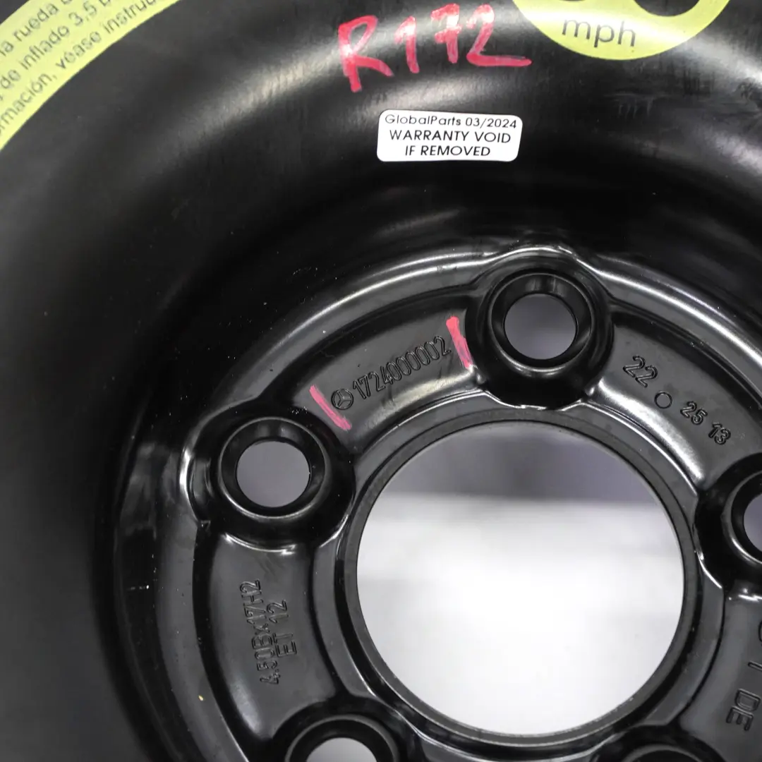 Rueda recambio compacta Mercedes R172 Acero R17 4,5J 145/70 para con número de pieza A1724000002 Rueda recambio compacta Mercedes R172 Acero R17 4,5J 145/70 - SKU A1724000002 - Número de pieza A1724000002