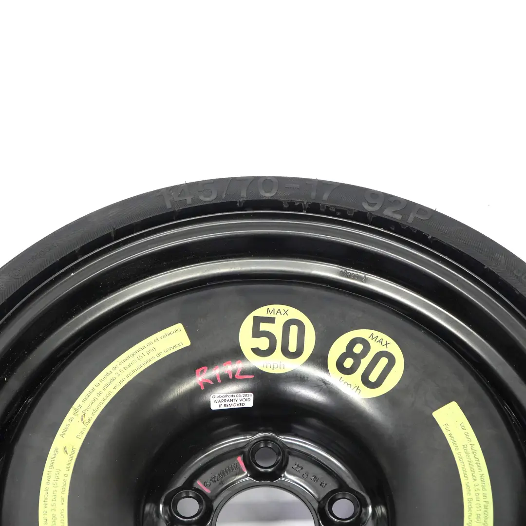 Steel Compact Spare Wheel Steel R17 4,5J Tyre 145/70 to Mercedes R172 with Part number A1724000002 Mercedes R172 Steel Compact Spare Wheel Steel R17 4,5J Tyre 145/70 - SKU A1724000002 - Part number A1724000002
