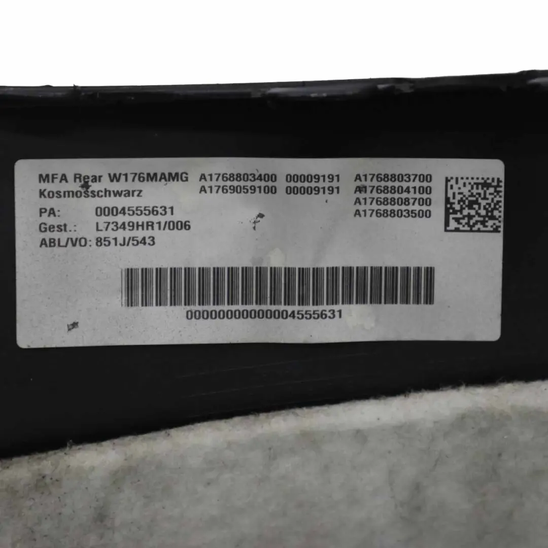 Bumper Rear Trim Panel Cover AMG Kosmos Cosmic Black Metallic 191 to Mercedes W176 with Part number A1768800001 Mercedes W176 Bumper Rear Trim Panel Cover AMG Kosmos Cosmic Black Metallic 191 - SKU A1768800001-KB - Part number A1768800001
