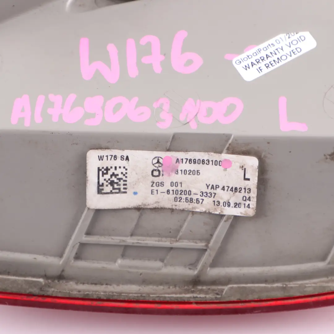 Lamp Light Tail Light Side Panel Left N/S to Mercedes W176 Rear with Part number A1769063300 Mercedes W176 Rear Lamp Light Tail Light Side Panel Left N/S - SKU A1769063300 - Part number A1769063300
