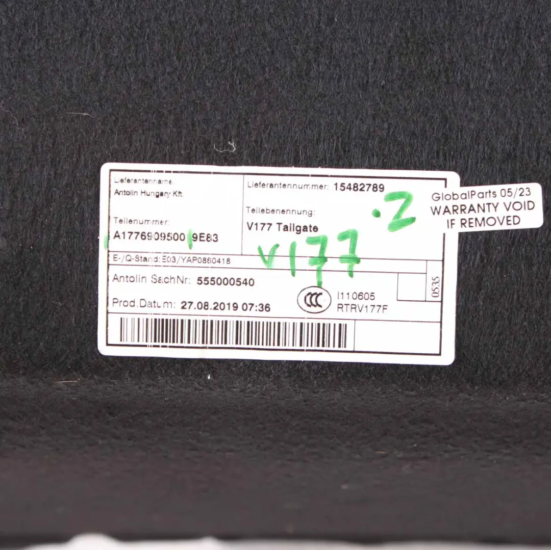 Tapa maletero Mercedes V177 Embellecedor Interior Portón Trasero para con número de pieza A1776909500 Tapa maletero Mercedes V177 Embellecedor Interior Portón Trasero - SKU A1776909500 - Número de pieza A1776909500
