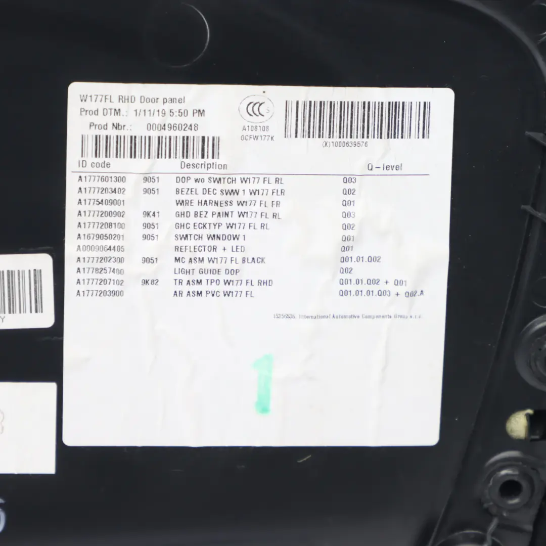 Door Card Front Left N/S Trim Panel Cover Interior Leather Black to Mercedes W177 with Part number A1777202300 Mercedes W177 Door Card Front Left N/S Trim Panel Cover Interior Leather Black - SKU A1777202300-1 - Part number A1777202300