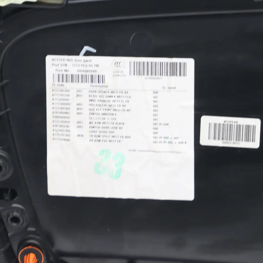 Door Card Front Right O/S Trim Panel Cover Interior Leather Black to Mercedes W177 with Part number A1777202400 Mercedes W177 Door Card Front Right O/S Trim Panel Cover Interior Leather Black - SKU A1777202400-1 - Part number A1777202400