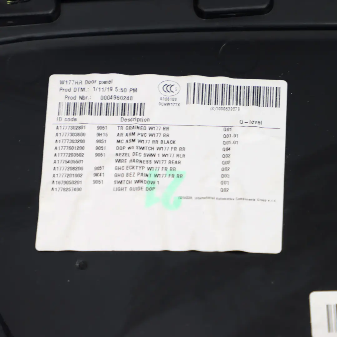  Tarjeta de Puerta Trasera Mercedes W177 Derecha Recorte Panel Cubierta Cuero - SKU A1777303200-1 - Número de pieza A1777303200