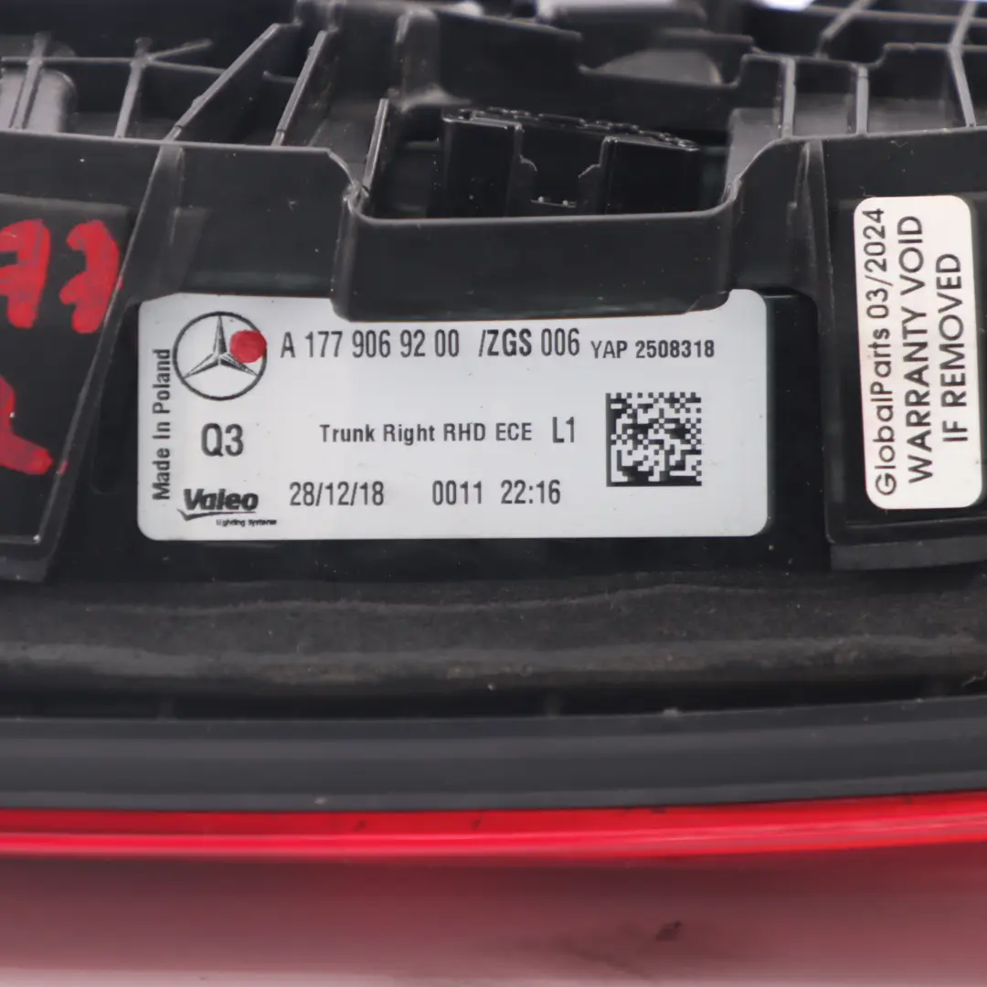 Light Trunk Tailgate Right O/S Inner Tail Lamp to Mercedes W177 Rear with Part number A1779069200 Mercedes W177 Rear Light Trunk Tailgate Right O/S Inner Tail Lamp - SKU A1779069200 - Part number A1779069200