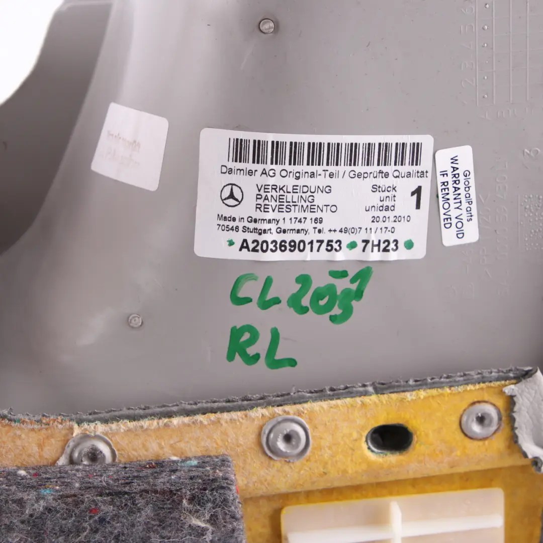 Lateral Trim Panel Rear Left N/S Cover Imitation Leather Grey to Mercedes CLC CL203 with Part number A2036901753 Mercedes CLC CL203 Lateral Trim Panel Rear Left N/S Cover Imitation Leather Grey - SKU A2036901753-1 - Part number A2036901753