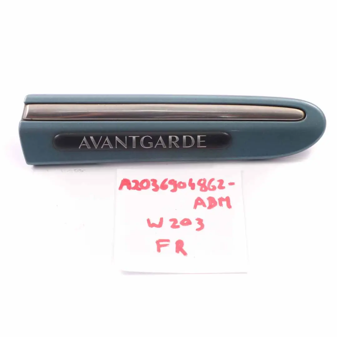Fender Trim Front Right O/S Moulding Aragonite Blue to Mercedes W203 with Part number A2036904862 Mercedes W203 Fender Trim Front Right O/S Moulding Aragonite Blue - SKU A2036904862-ABM - Part number A2036904862