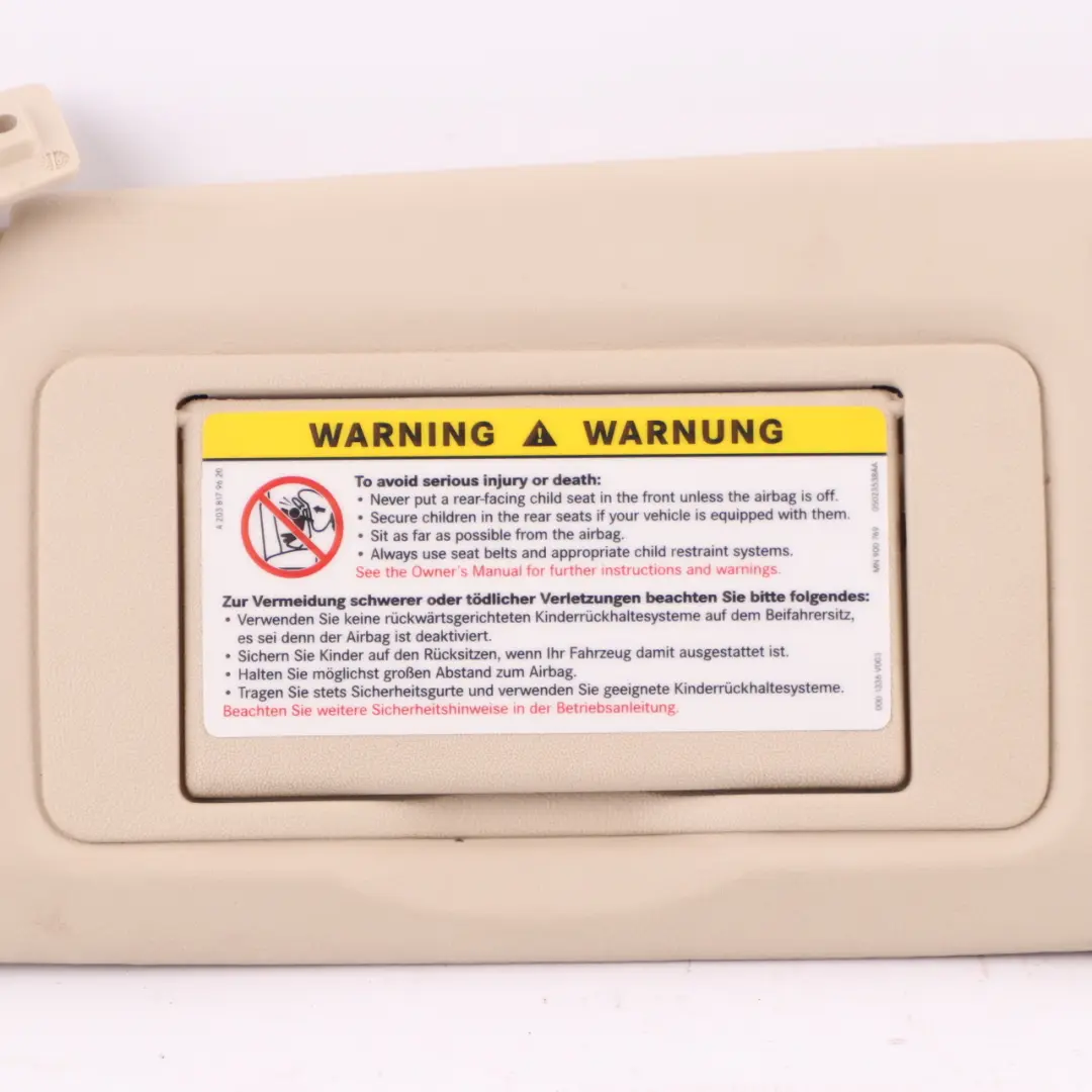 Sun Visor Cover Left N/S Sunvisor Panel Beige to Mercedes W203 with Part number A2038102110 Mercedes W203 Sun Visor Cover Left N/S Sunvisor Panel Beige - SKU A2038102110-4 - Part number A2038102110